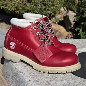 Timberland Red and White Leather Hiking Boots